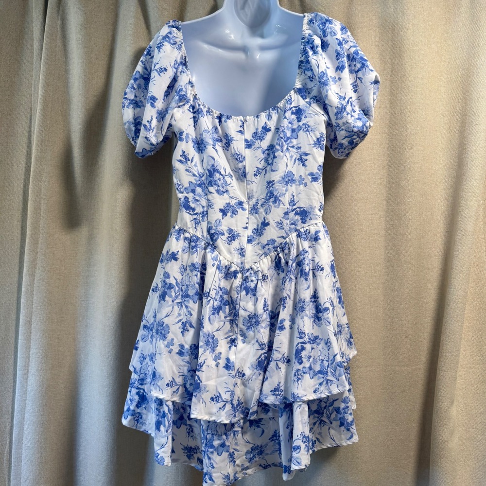 NWT Floral Mini Romper Blue White Puff Sleeve Corset Ruffle Tiered Cottagecore - Picture 3 of 6